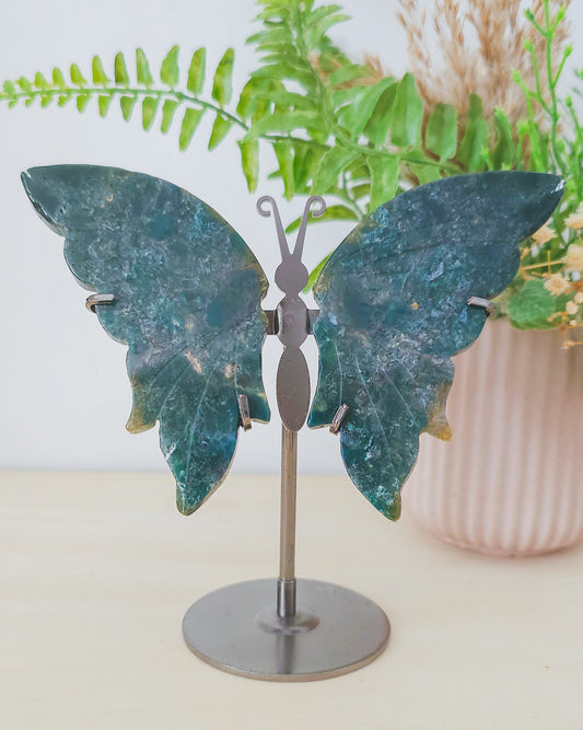 Moss Agate Butterfly Wings on Stand