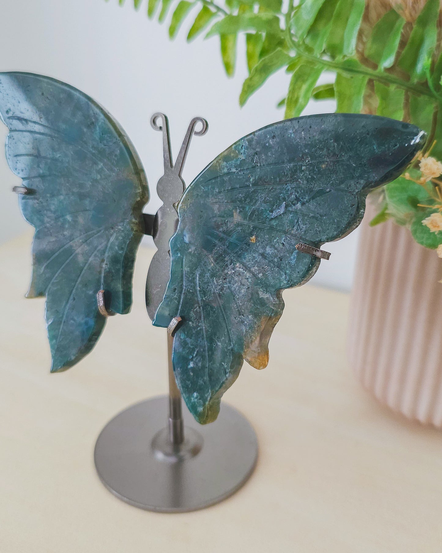 Moss Agate Butterfly Wings on Stand
