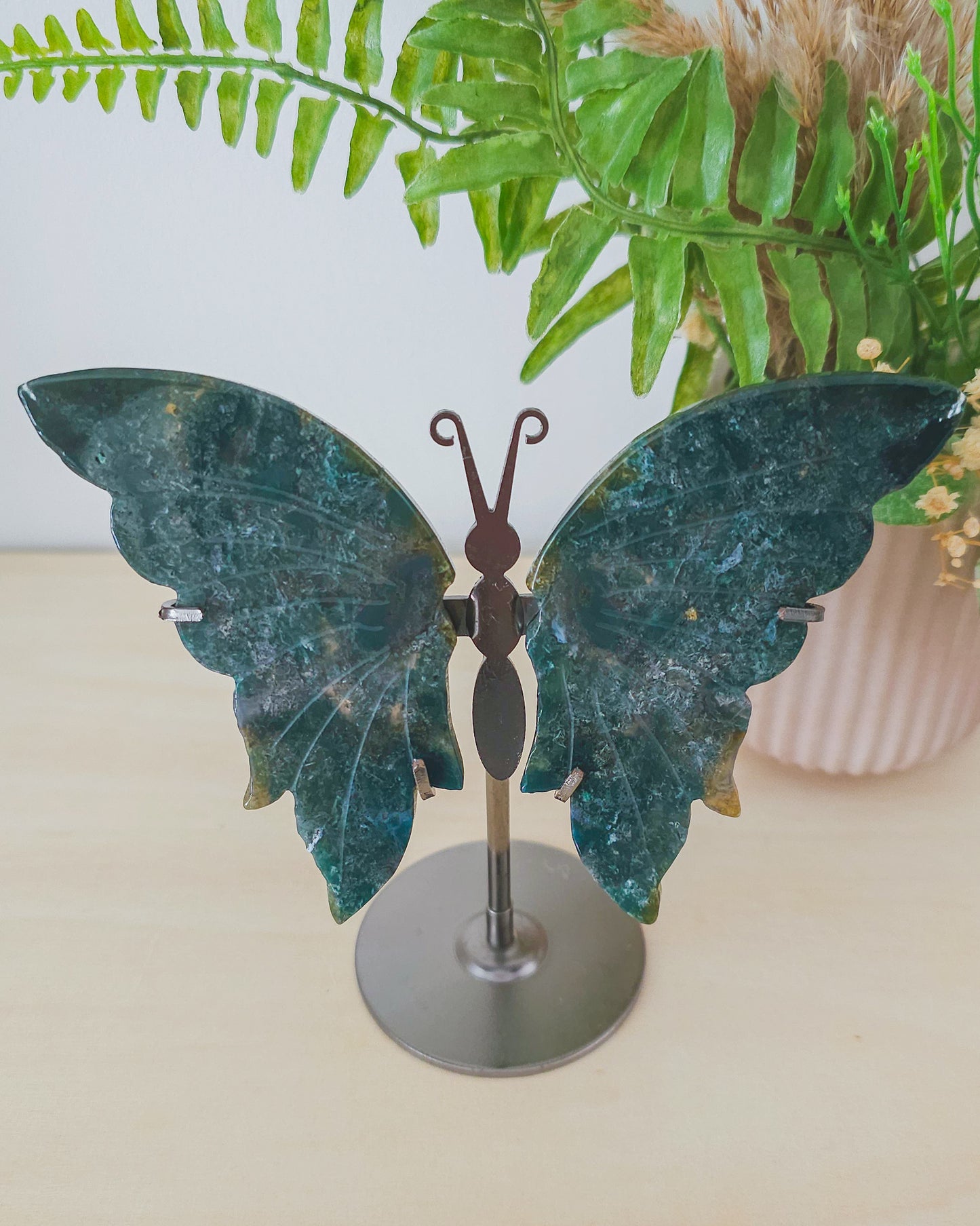 Moss Agate Butterfly Wings on Stand