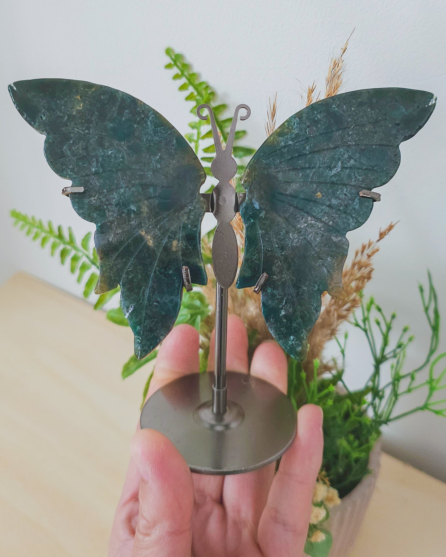 Moss Agate Butterfly Wings on Stand