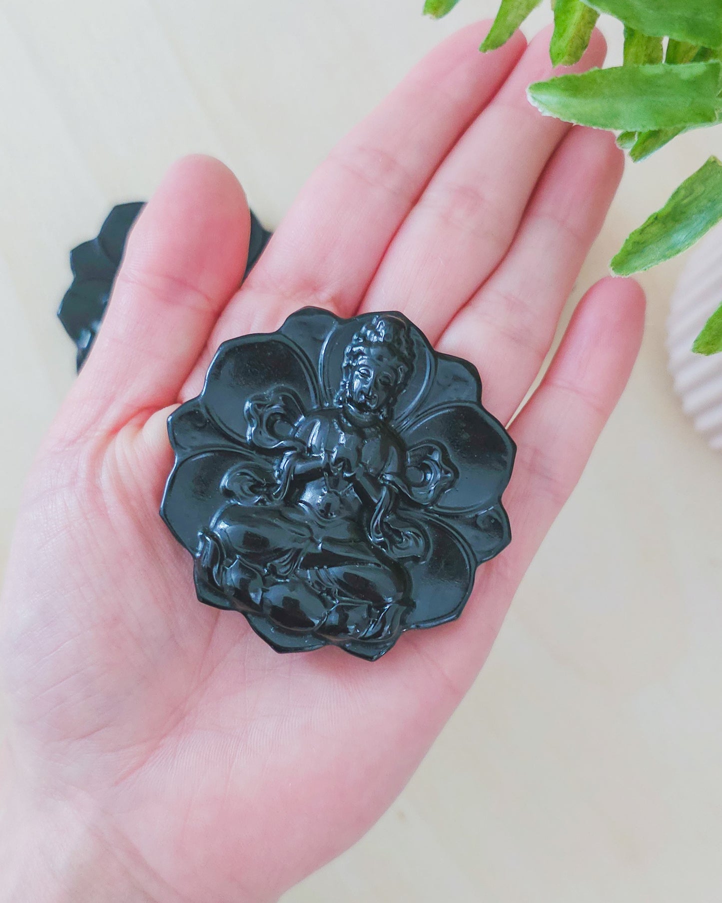 Black Obsidian Buddha on Lotus Flower with stand