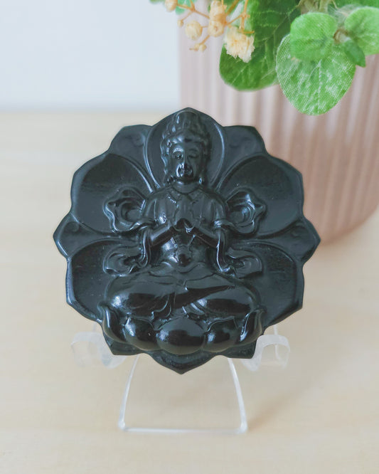 Black Obsidian Buddha on Lotus Flower with stand