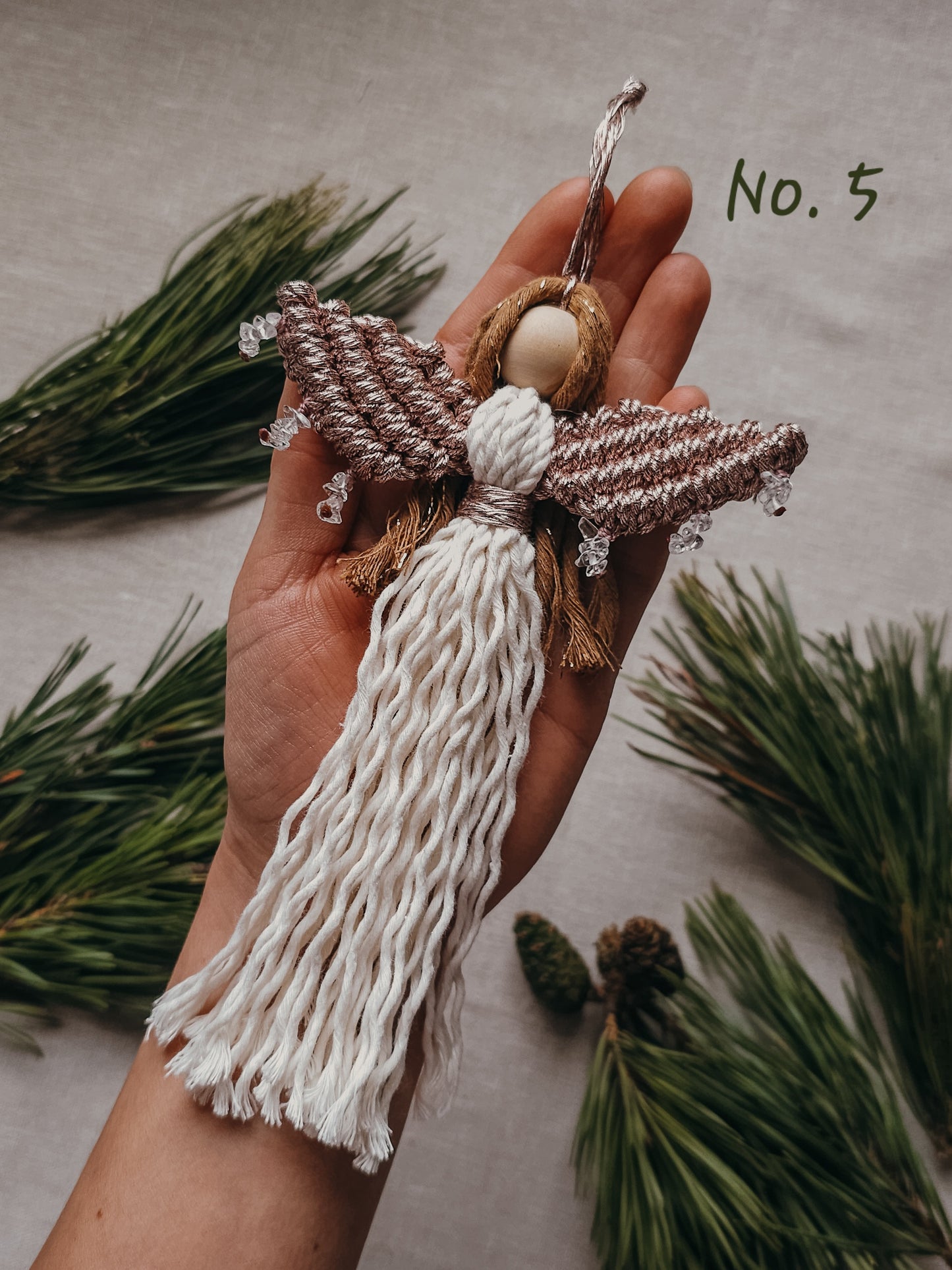 Handmade Christmas Tree Decorations with Clear Quartz and rose gold accents