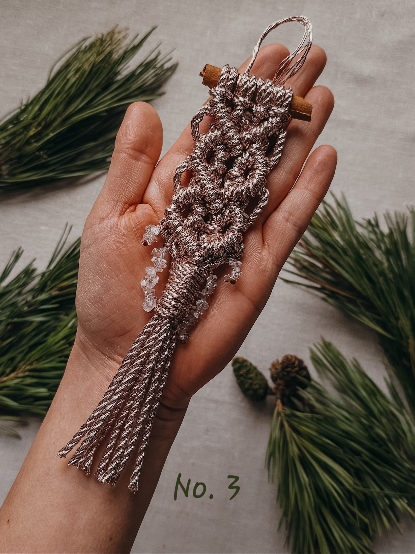 Handmade Christmas Tree Decorations with Clear Quartz and rose gold accents