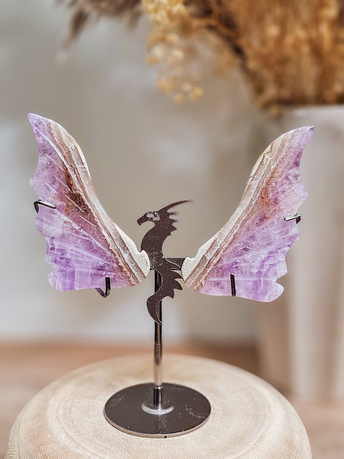 Pair of amethyst wings on display stand, ideal for altar, meditation, or decorative use