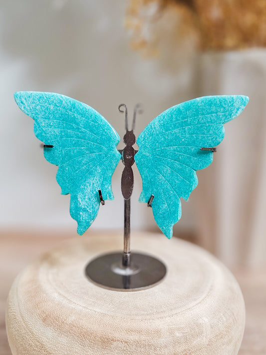 Butterfly wings crystal carving in amazonite, ideal for altar, meditation, or calming decor