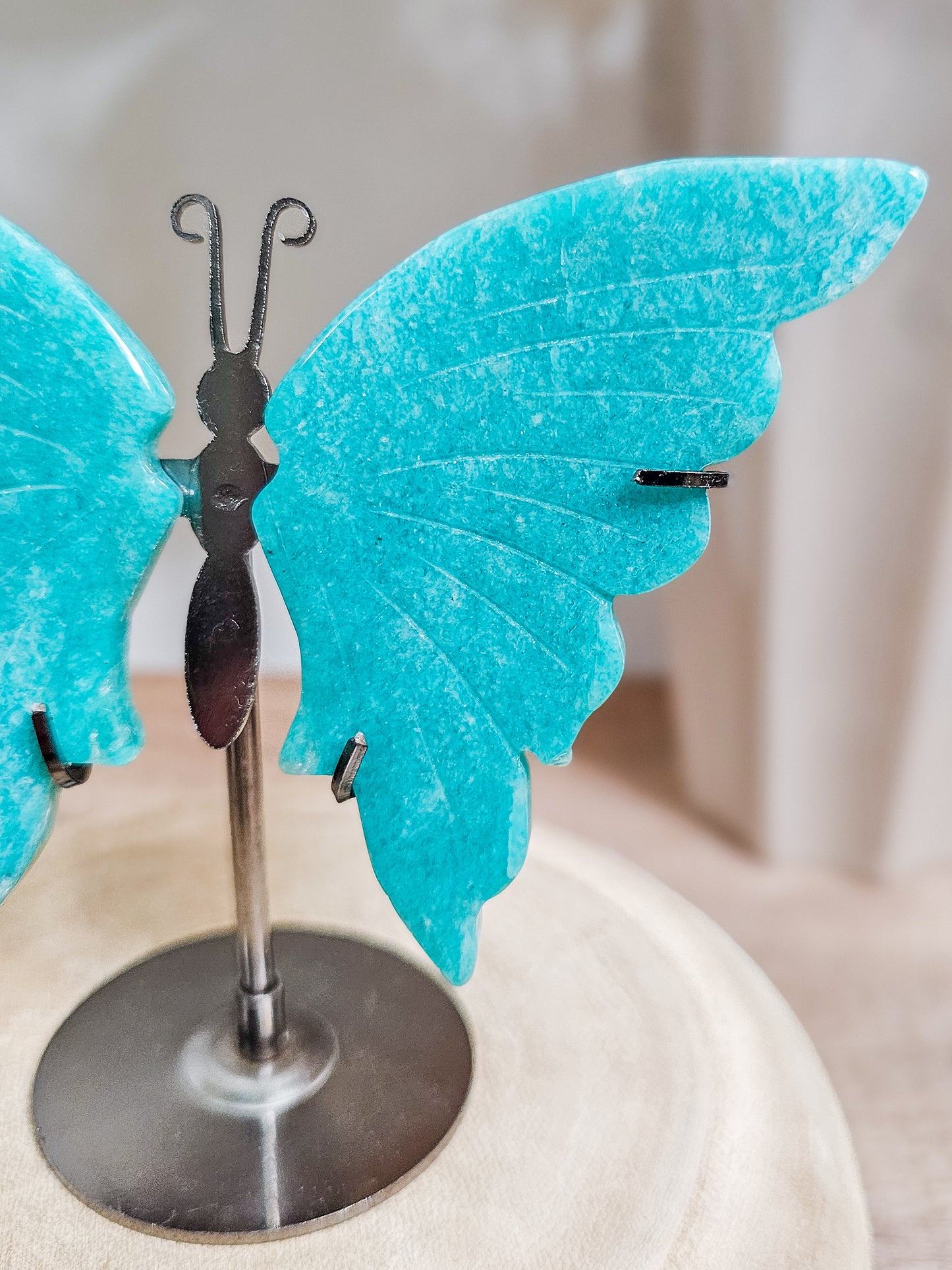 Butterfly wings crystal carving in amazonite, ideal for altar, meditation, or calming decor