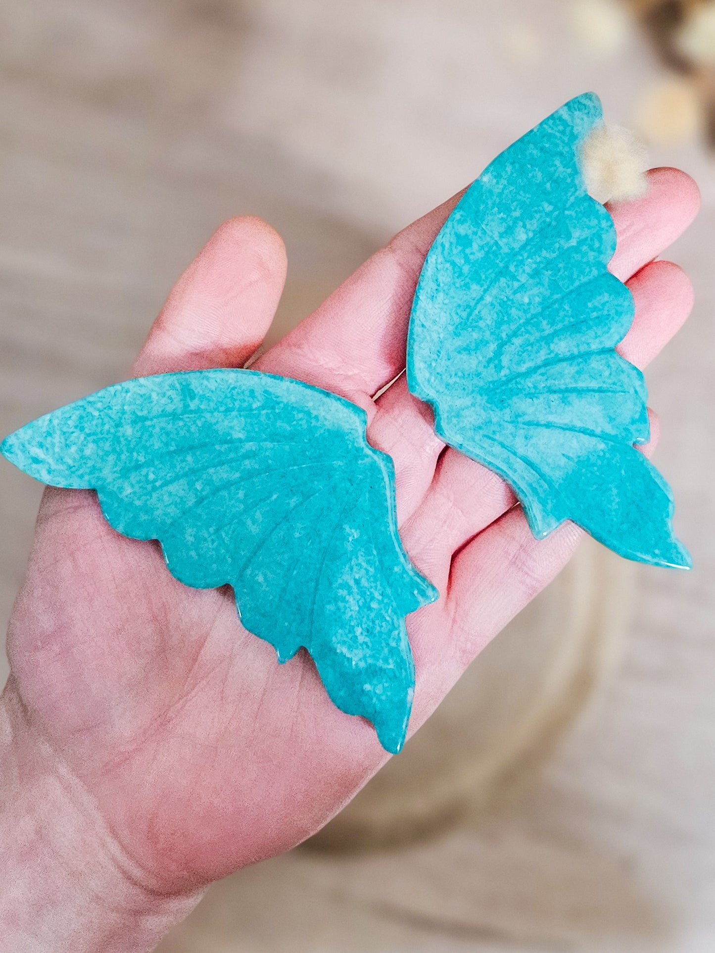 Amazonite butterfly wings on stand, carved blue green amazonite crystal with smooth polished wing shape