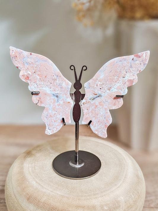 Pink Chalcedony with Agate (Cotton Candy Agate) Butterfly Wings On The Stand