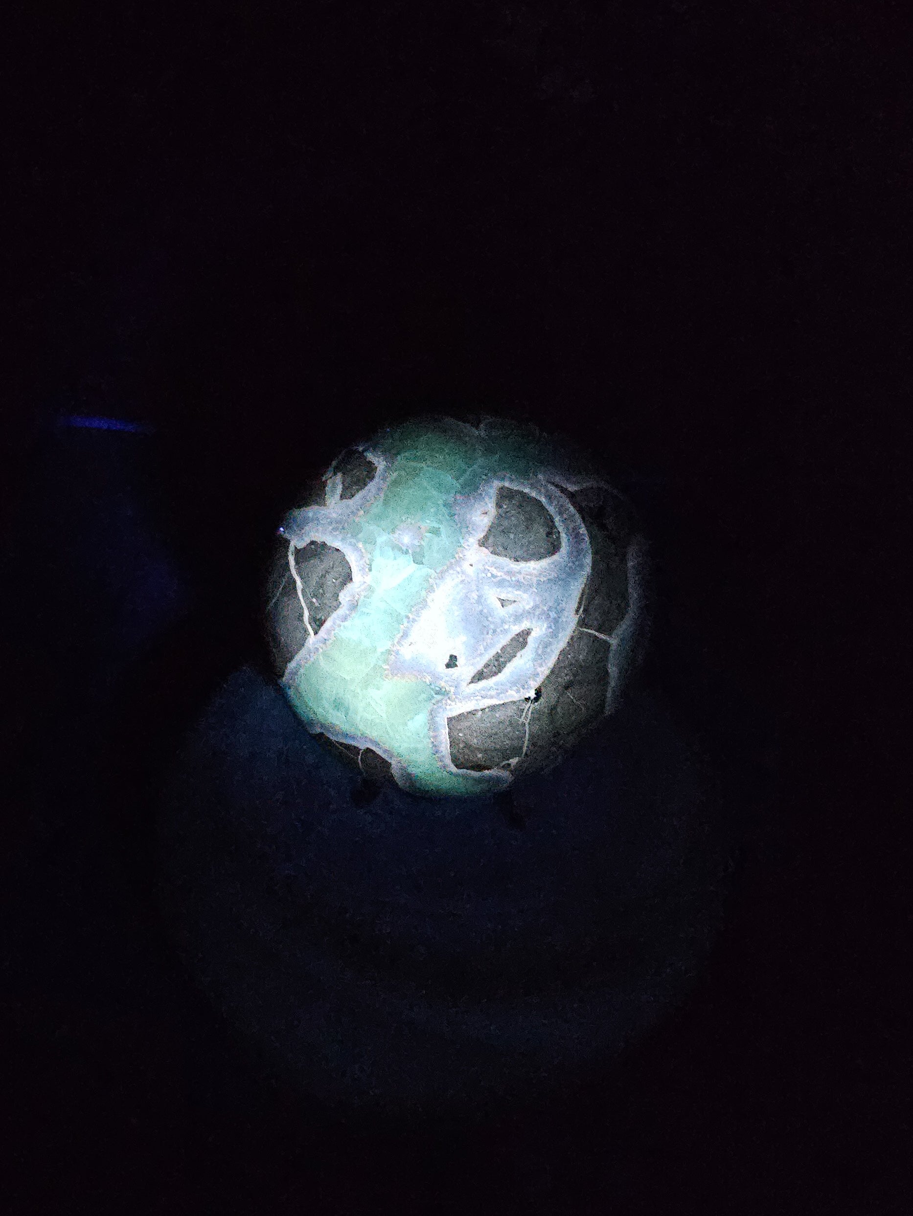 Polished Septarian sphere on stand, glowing under UV light to reveal fluorescent Calcite
