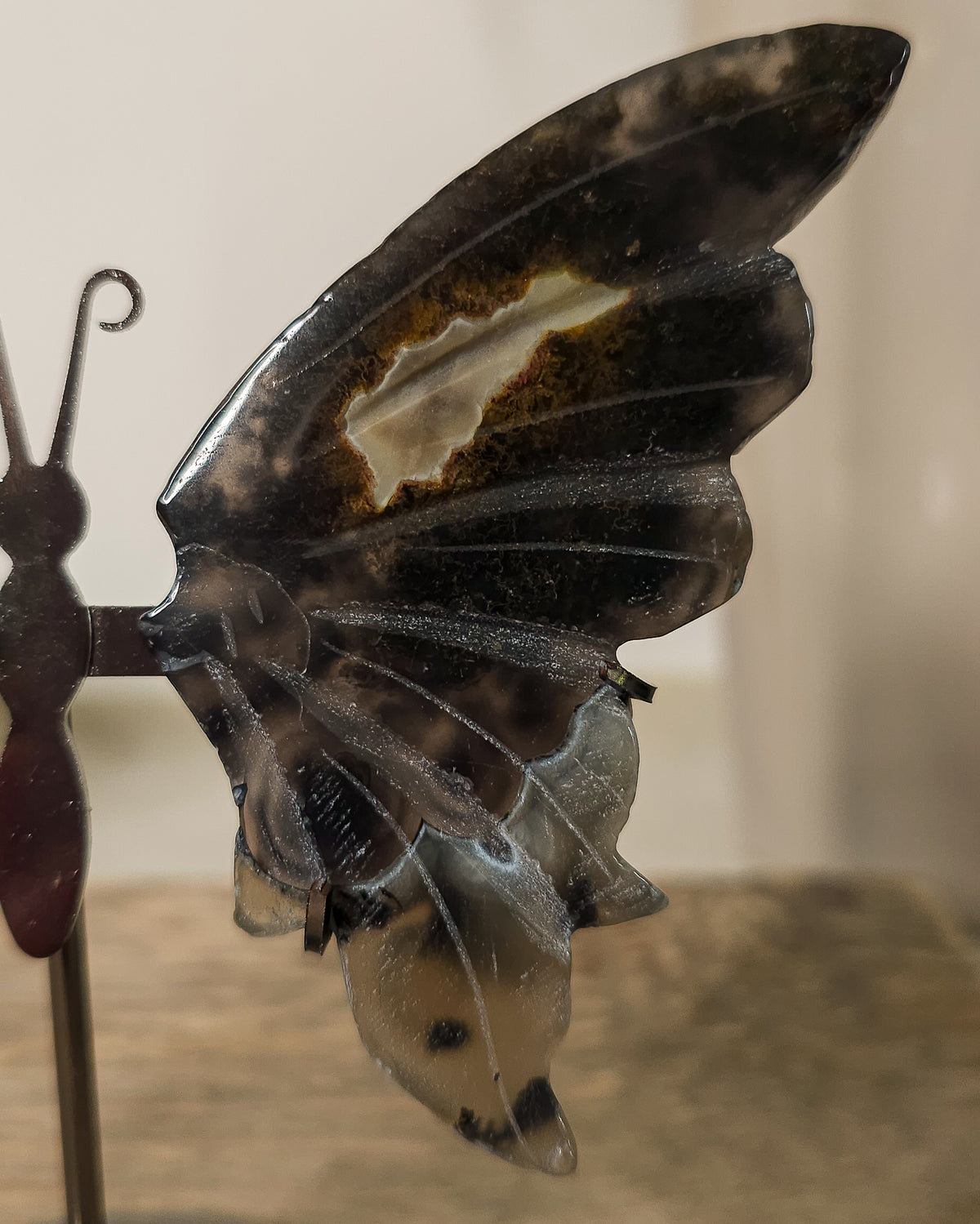 Fluorescent Volcano Agate butterfly wings with natural dendritic inclusions on a black metal stand, glowing green under UV light.