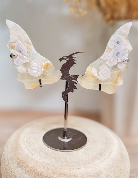 Fluorescent Flower Agate dragon wings, carved with detailed wing shape and unique floral inclusions