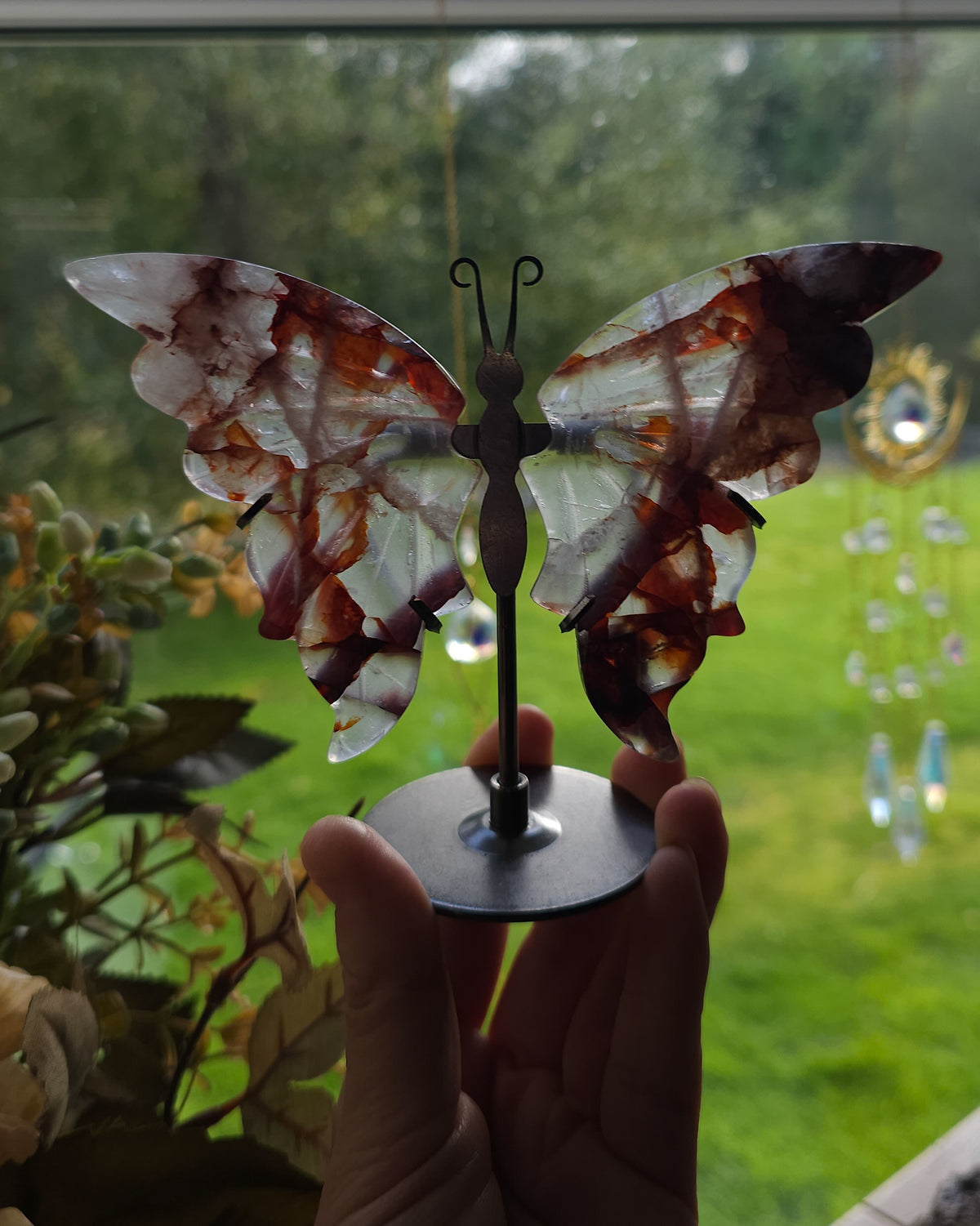 Fire Quartz / Red Hematoid Quartz Butterfly Wings On The Stand