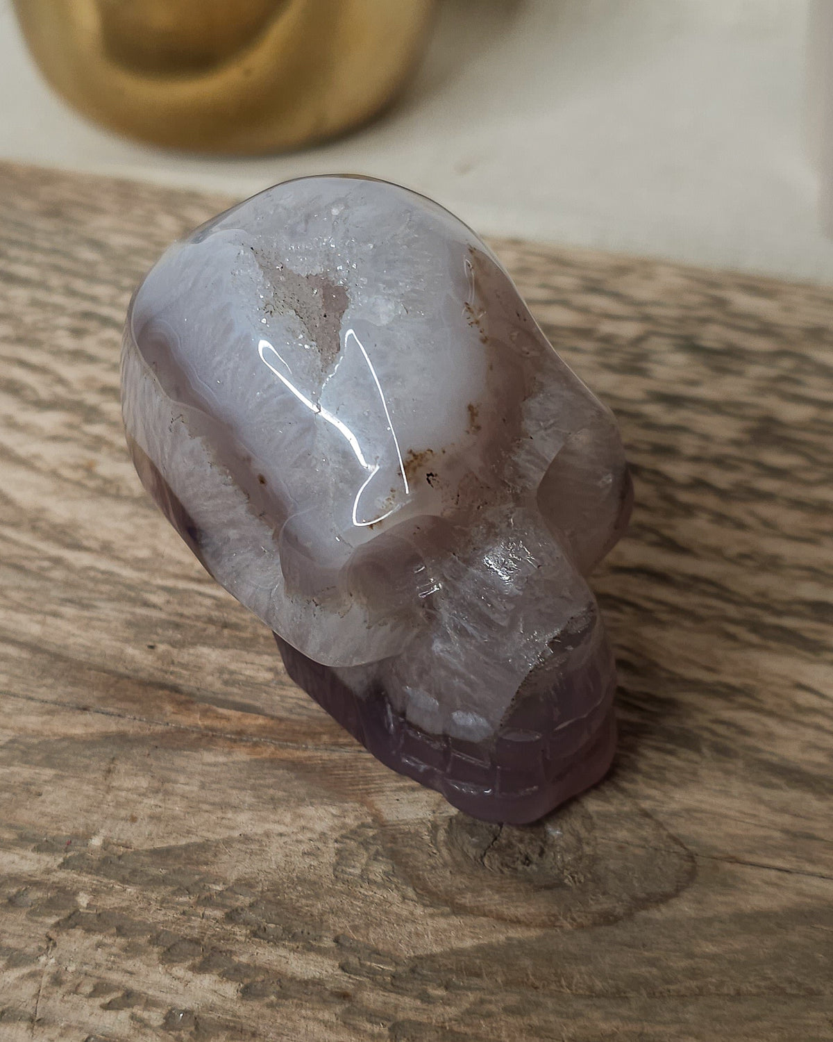 Druzy Agate crystal skull carving with translucent grey and lavender bands, deep purple areas, natural brown inclusions and a sparkling druzy crystal cavity on top.