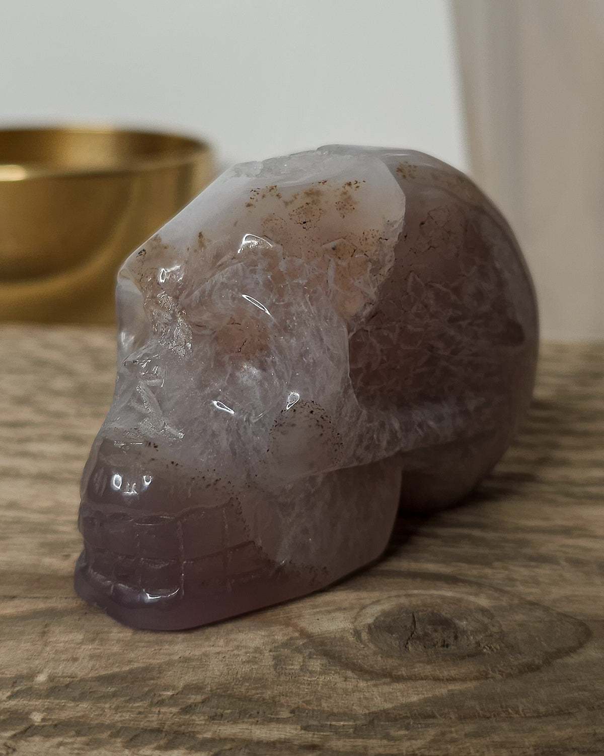 Druzy Agate crystal skull carving with translucent grey and lavender bands, deep purple areas, natural brown inclusions and a sparkling druzy crystal cavity on top.
