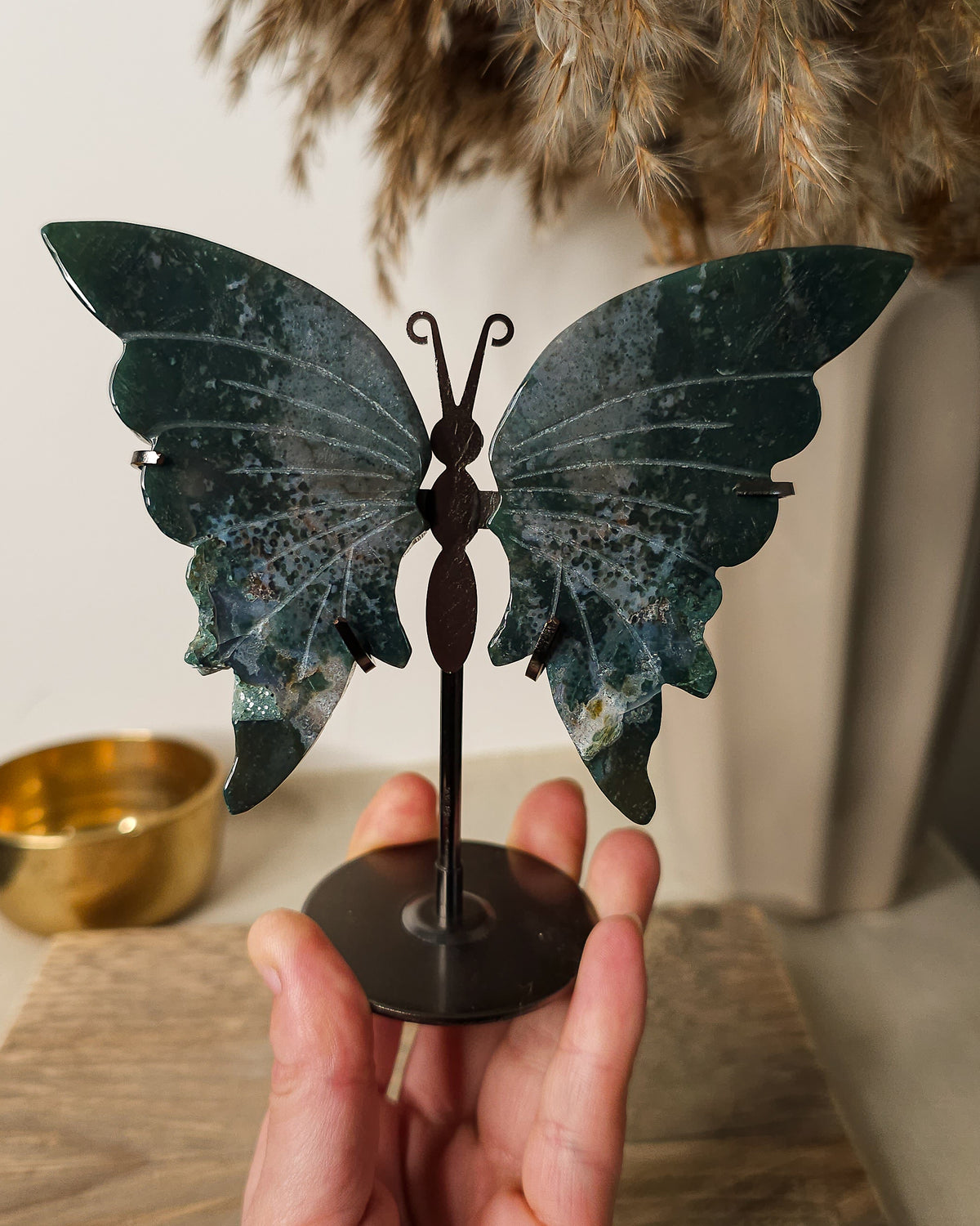 Jasper butterfly wings on a black metal stand, showing natural earthy patterns.