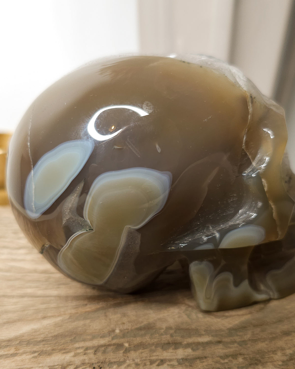 Large Druzy Agate skull carving with smoky grey and brown tones, natural white and pale blue banding, a sparkling quartz druzy cavity and tiny rainbow reflections in the crystals.
