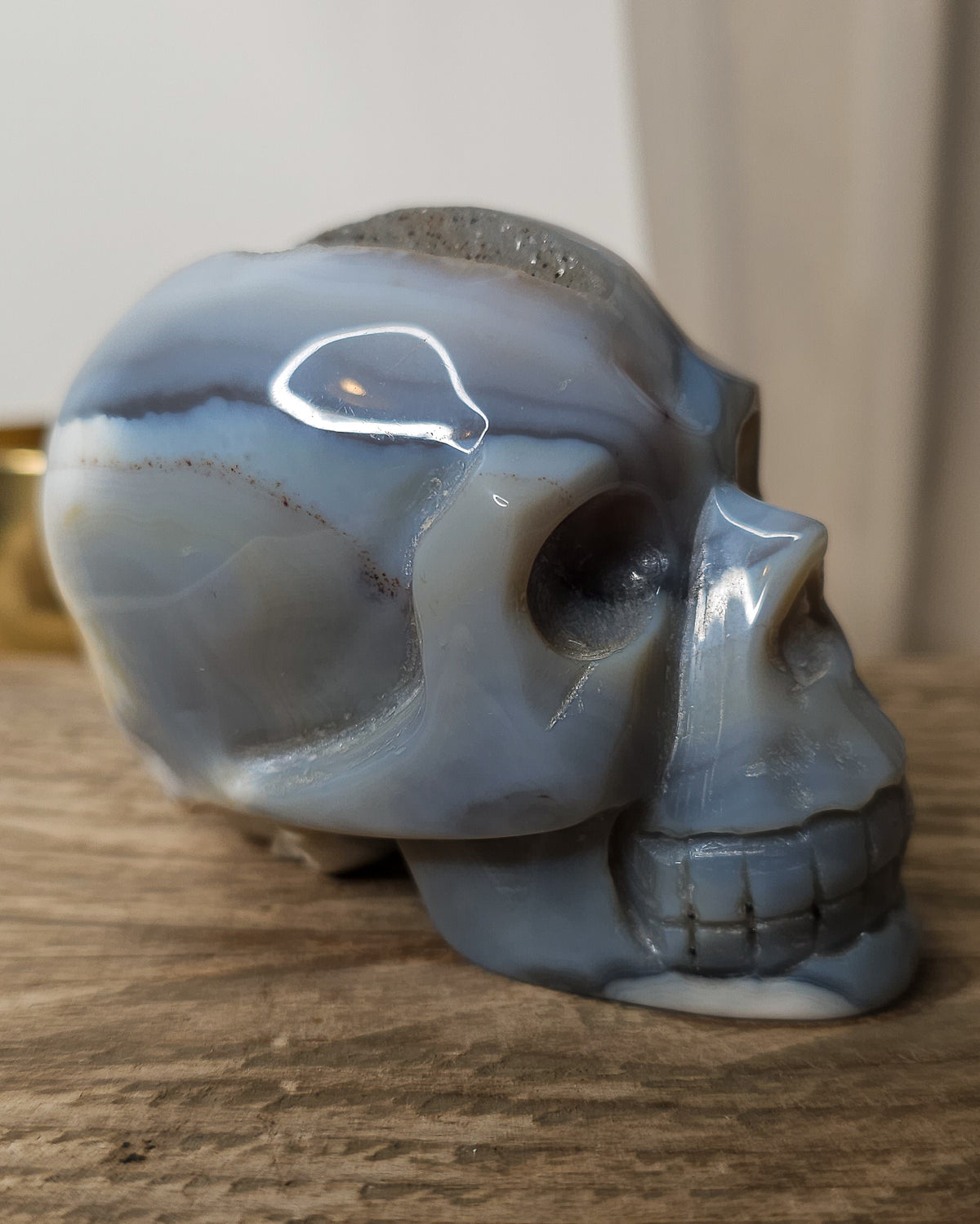 Blue Agate skull carving with layered pale blue and grey bands, a natural brown inclusion along the side and a sparkling druzy crystal cavity at the top.