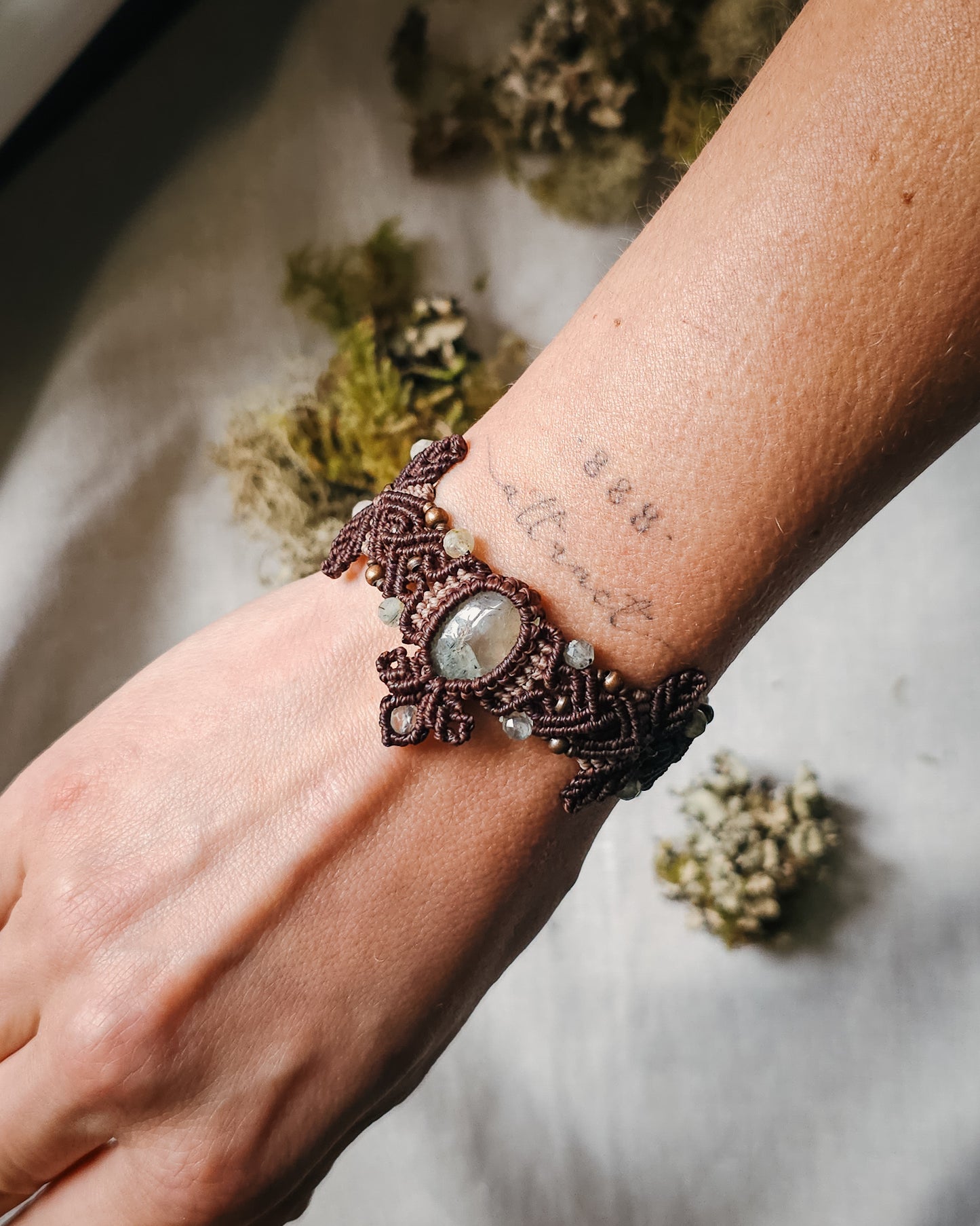 Whisper of Roots | Handcrafted Prehnite Micromacramé Bracelet