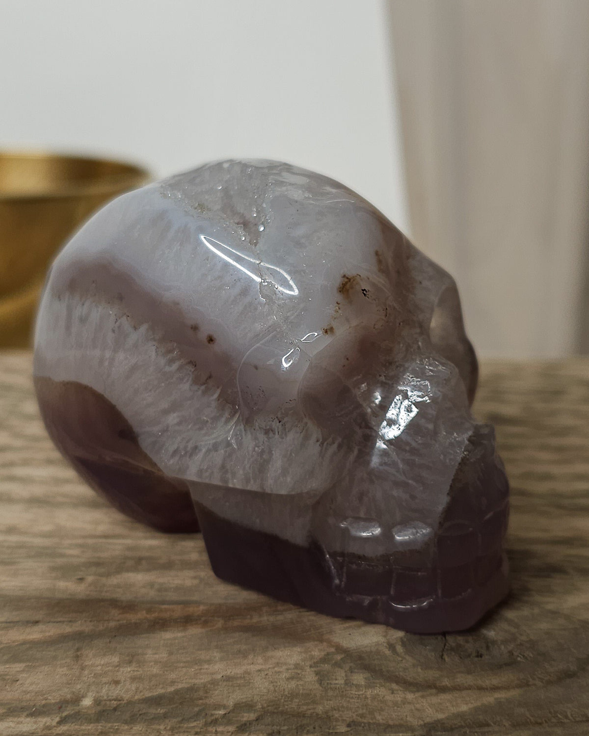 Druzy Agate crystal skull carving with translucent grey and lavender bands, deep purple areas, natural brown inclusions and a sparkling druzy crystal cavity on top