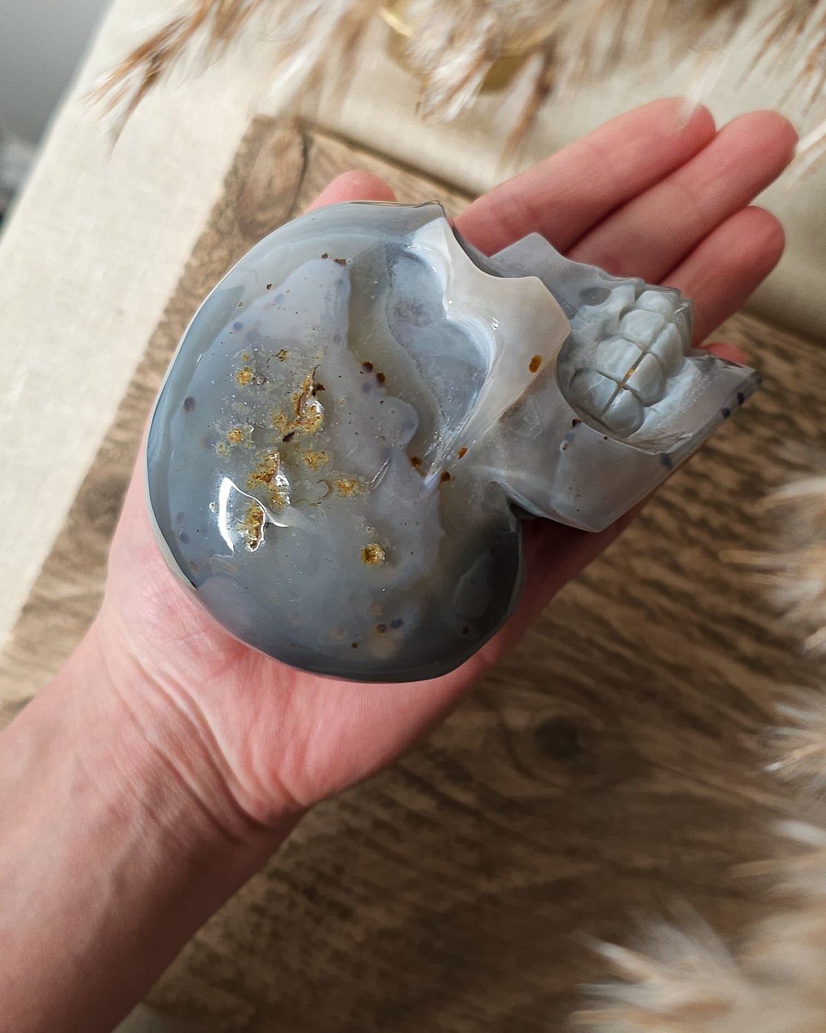 Blue Agate skull carving with layered pale blue and grey bands, a natural brown inclusion along the side and a sparkling druzy crystal cavity at the top.