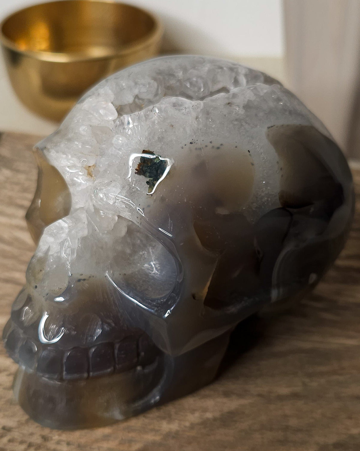 Large Druzy Agate skull carving with smoky grey and brown tones, natural white and pale blue banding, a sparkling quartz druzy cavity and tiny rainbow reflections in the crystals.