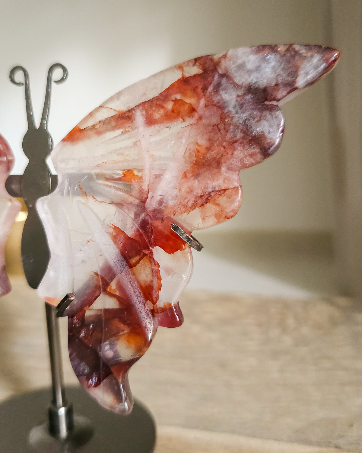 Fire Quartz / Red Hematoid Quartz Butterfly Wings On The Stand