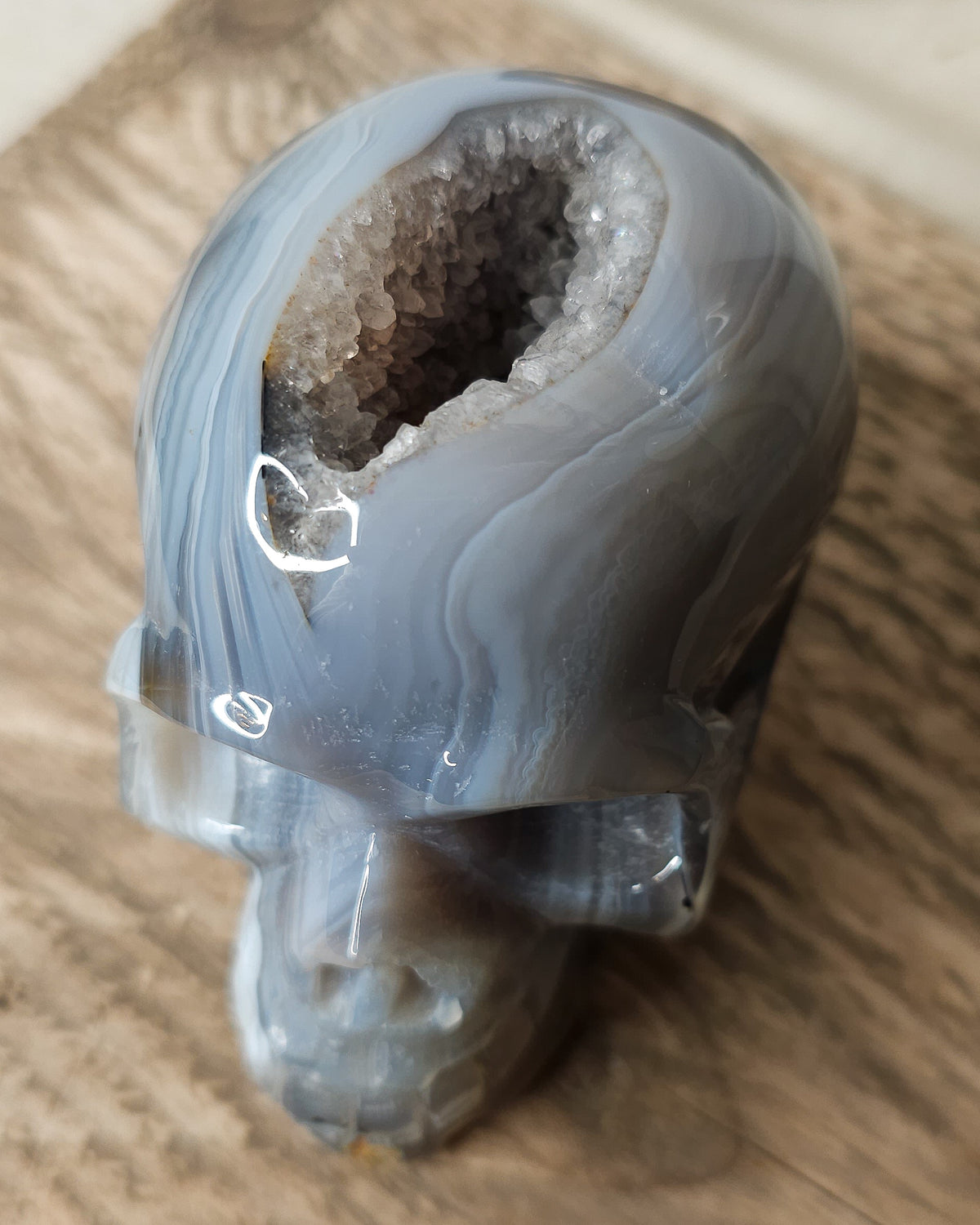 Blue Agate skull carving with layered pale blue and grey bands, a natural brown inclusion along the side and a sparkling druzy crystal cavity at the top.