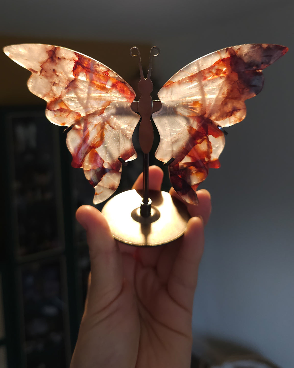 Fire Quartz / Red Hematoid Quartz Butterfly Wings On The Stand