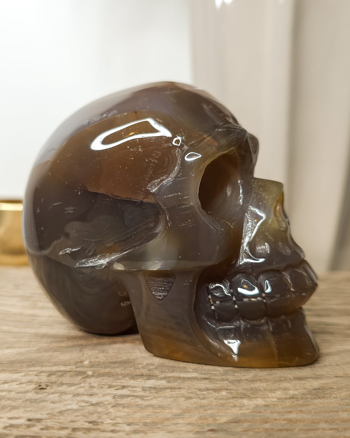 Smoky Agate skull carving with natural brown, charcoal grey and amber tones, translucent banding and a sparkling druzy crystal cavity on the back.