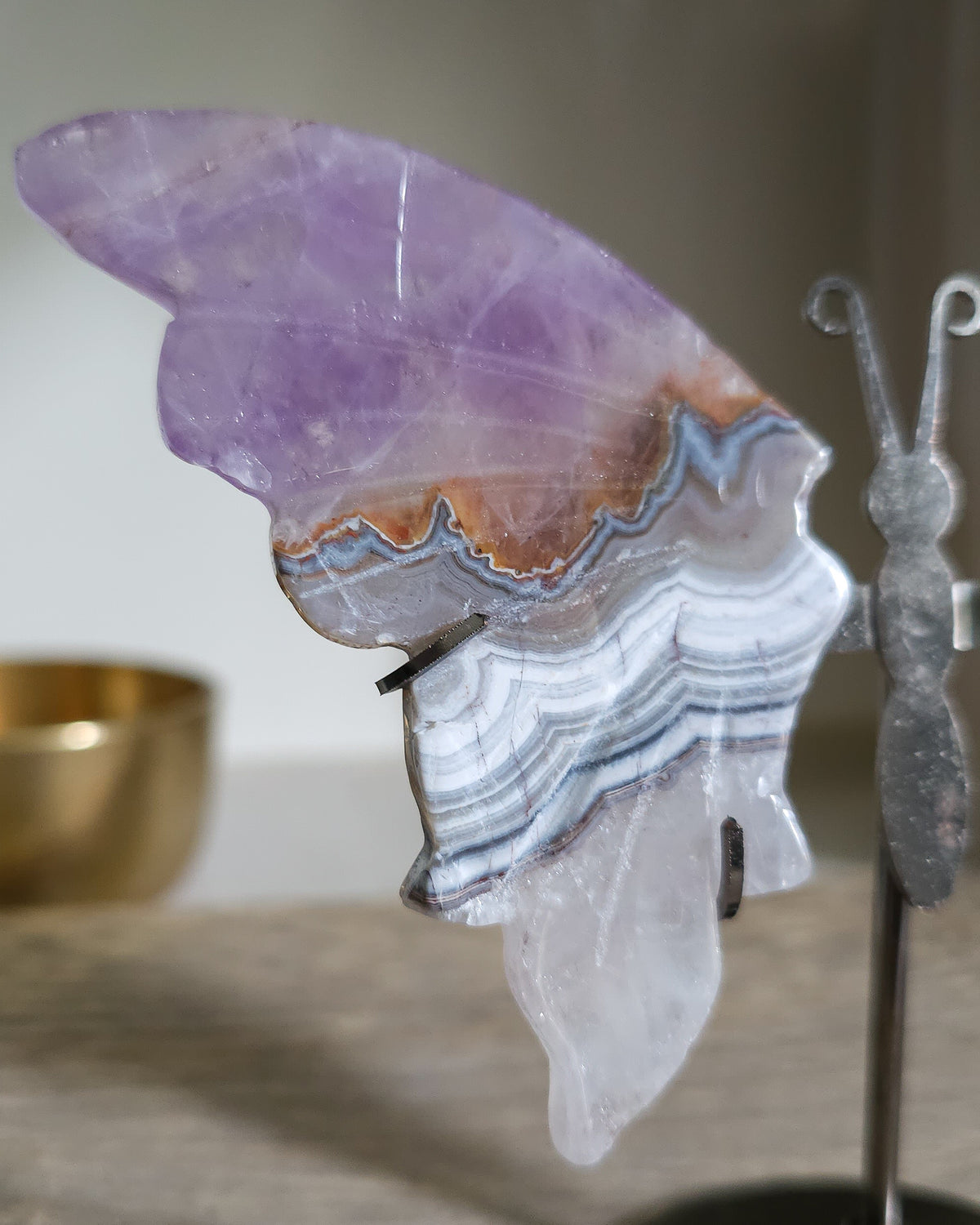 Amethyst with Agate & Clear Quartz Butterfly Wings On The Stand
