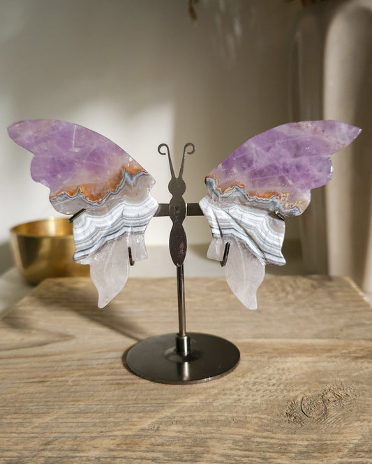 Amethyst with Agate & Clear Quartz | Crystal Butterfly Wings On The Stand
