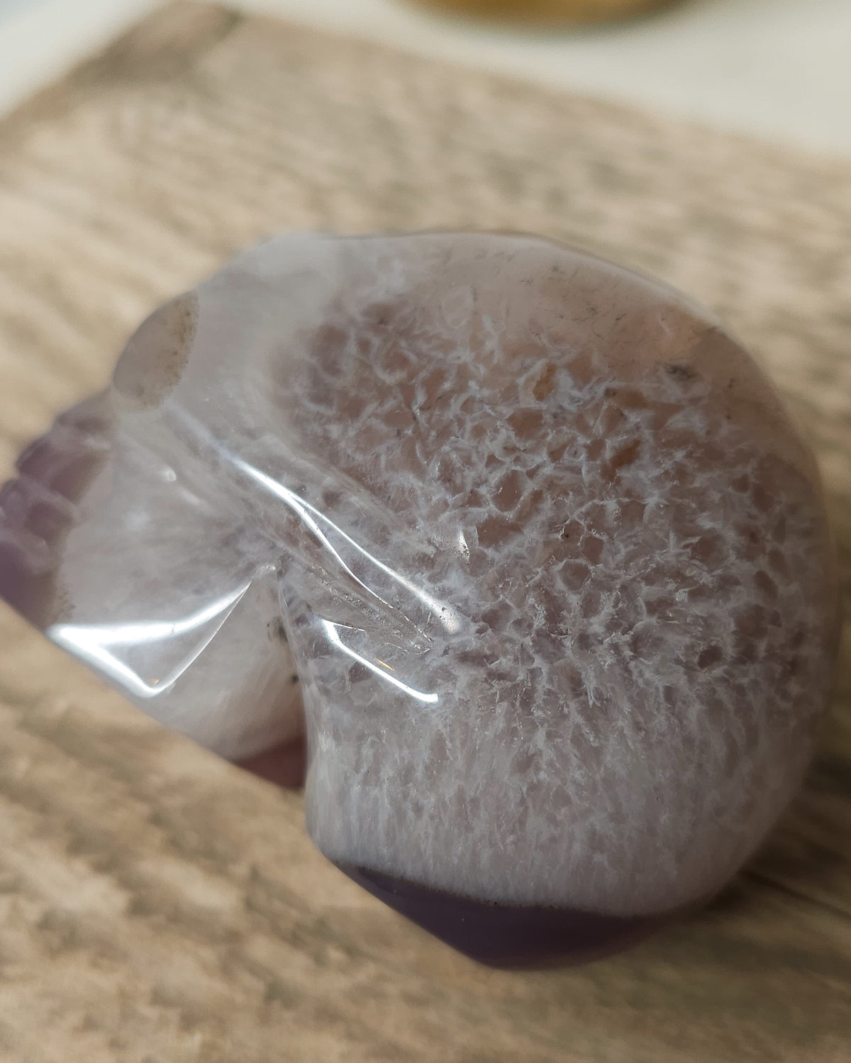Druzy Agate crystal skull carving with translucent grey and lavender bands, deep purple areas, natural brown inclusions and a sparkling druzy crystal cavity on top.