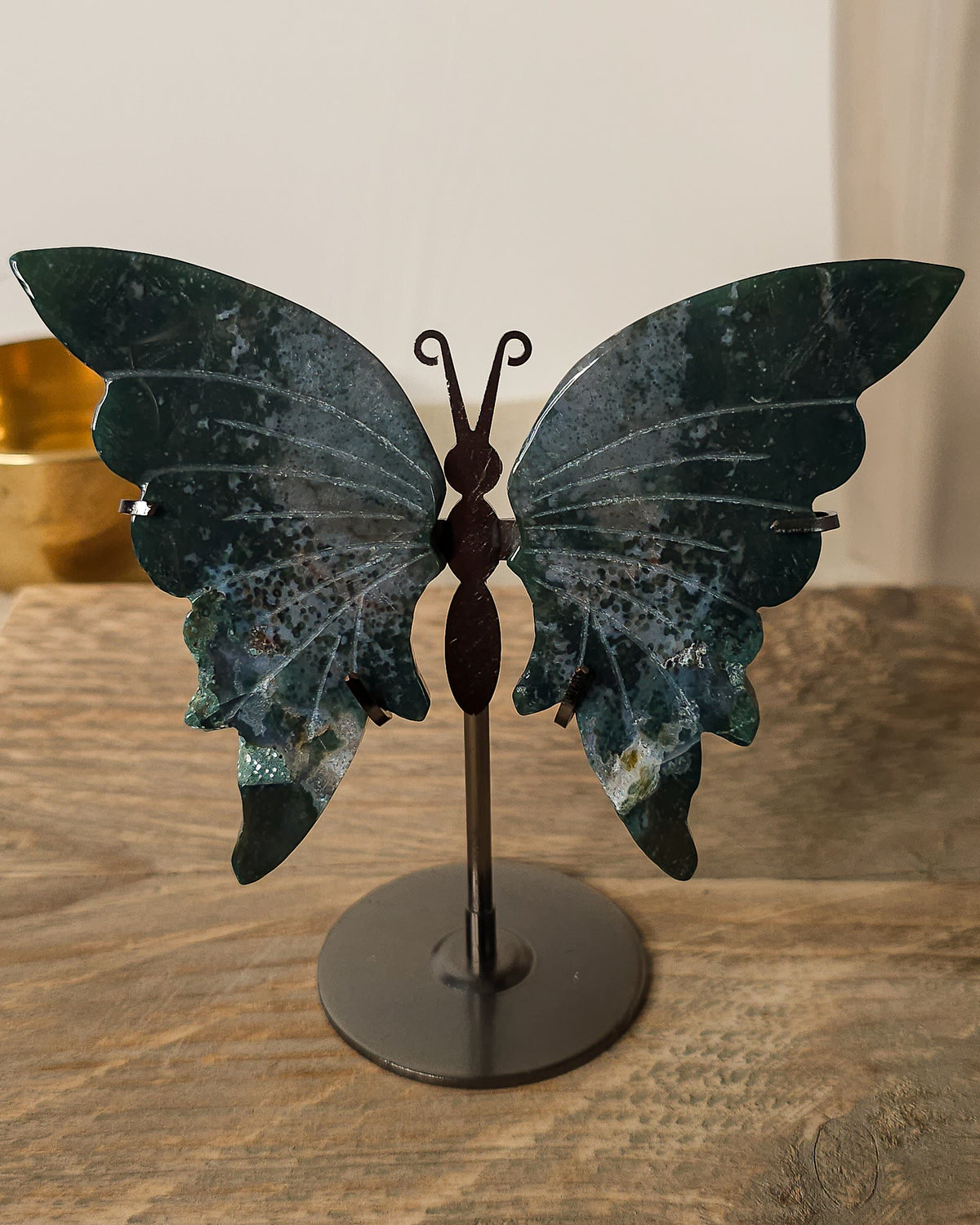 Jasper butterfly wings on a black metal stand, showing natural earthy patterns.