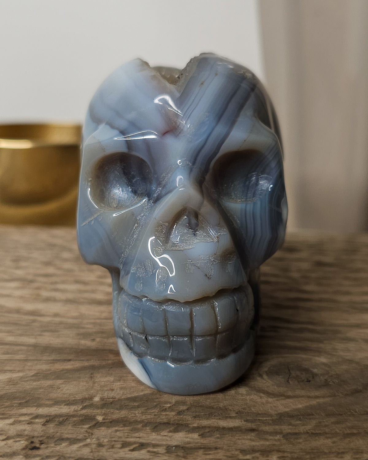 Blue Agate skull carving with layered pale blue and grey bands, a natural brown inclusion along the side and a sparkling druzy crystal cavity at the top.