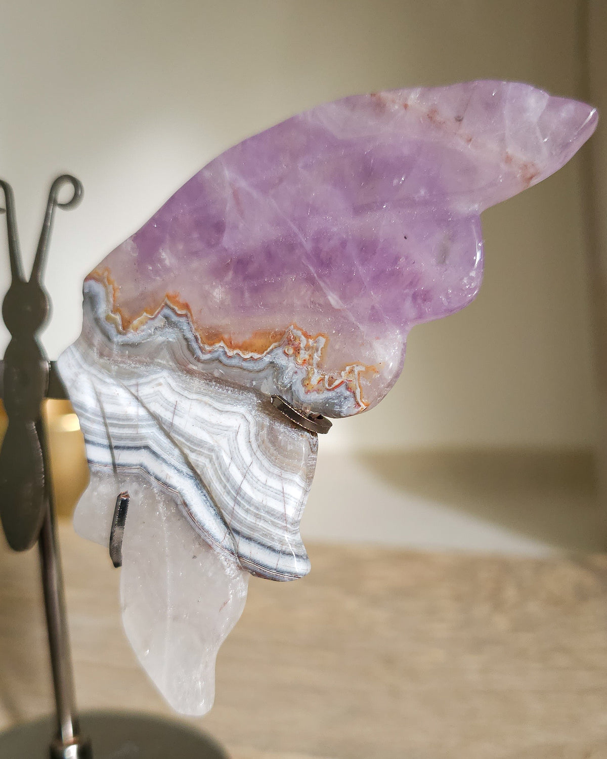 Amethyst with Agate & Clear Quartz Butterfly Wings On The Stand