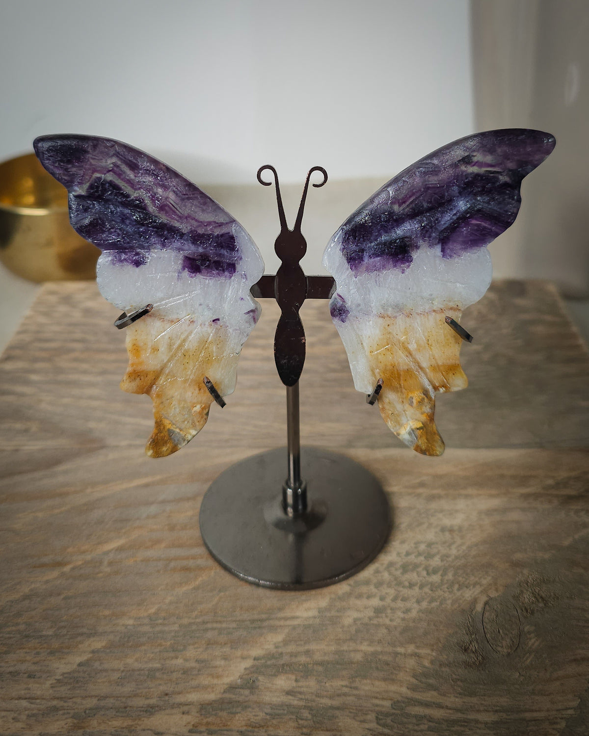 Fluorite butterfly wings on a black metal stand, with natural golden-brown iron staining.