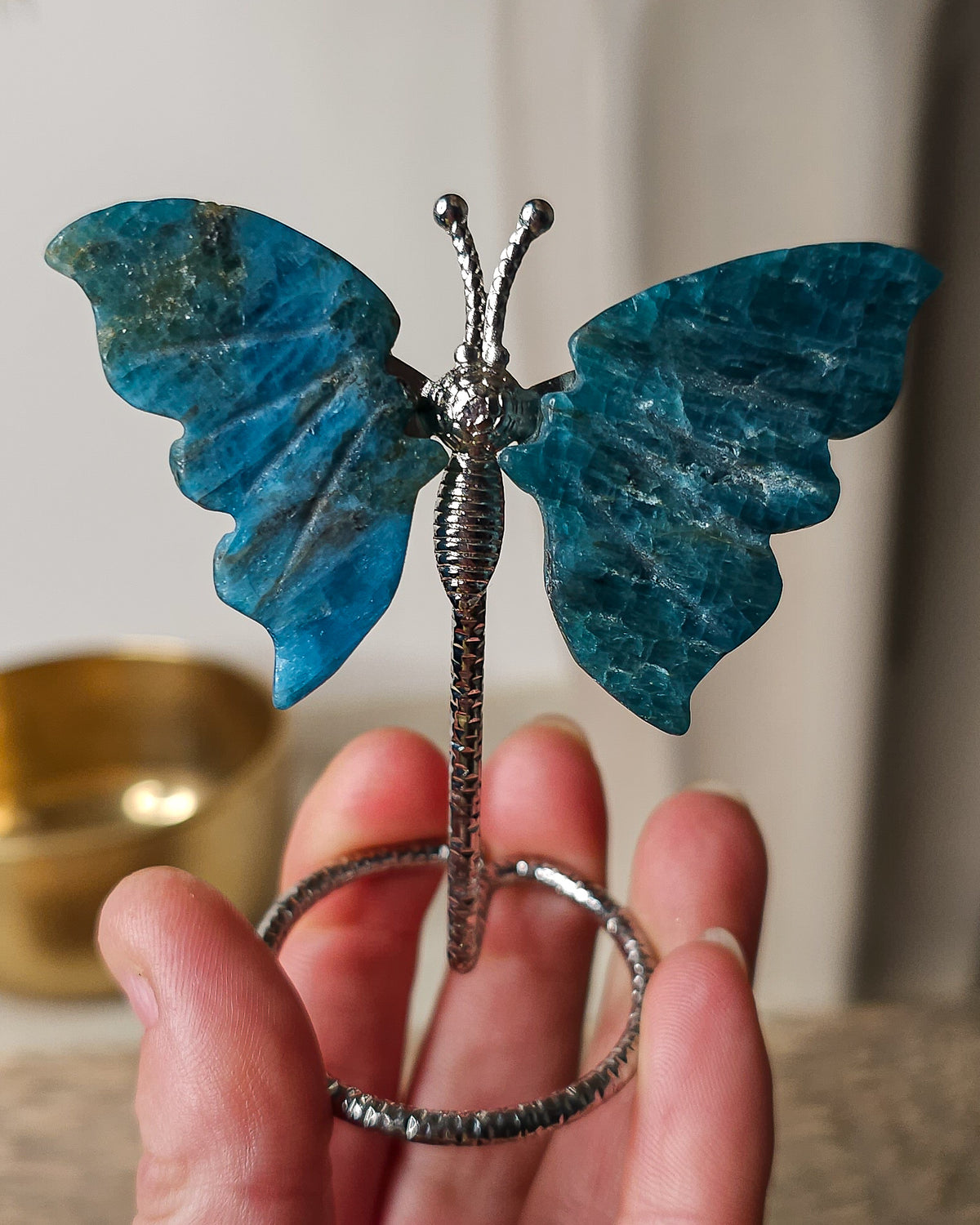 Blue Apatite butterfly carving on a decorative silver-tone metal stand, featuring rich ocean-blue and teal colouring with natural mineral patterns and carved wing details.
