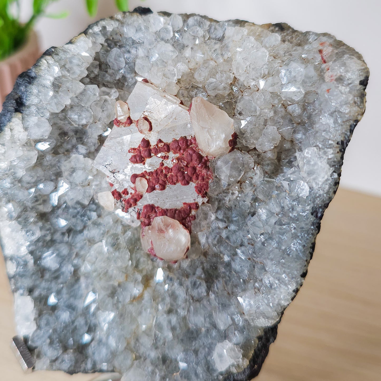 Apophylite with Hematite on Chalcedony Specimen