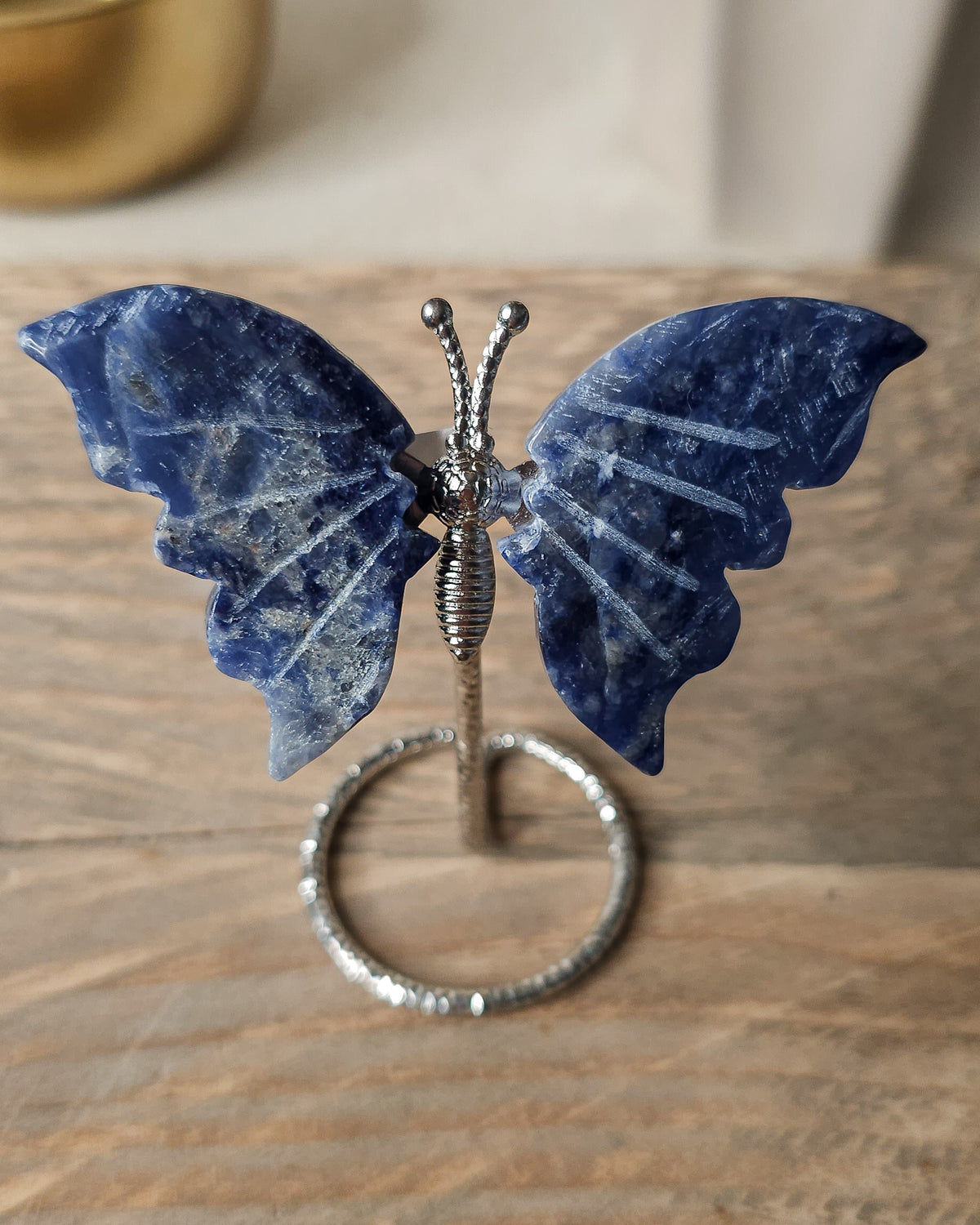 Sodalite butterfly carving on a silver-tone metal stand, featuring deep blue colouring with natural white veining.
