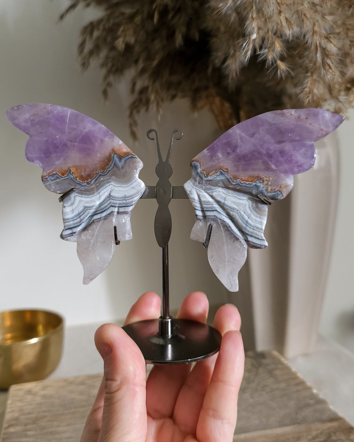Amethyst with Agate & Clear Quartz Butterfly Wings On The Stand